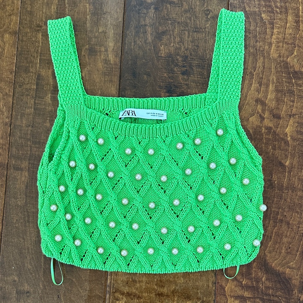 Zara Vibrant Green Knit Top with Pearl Details